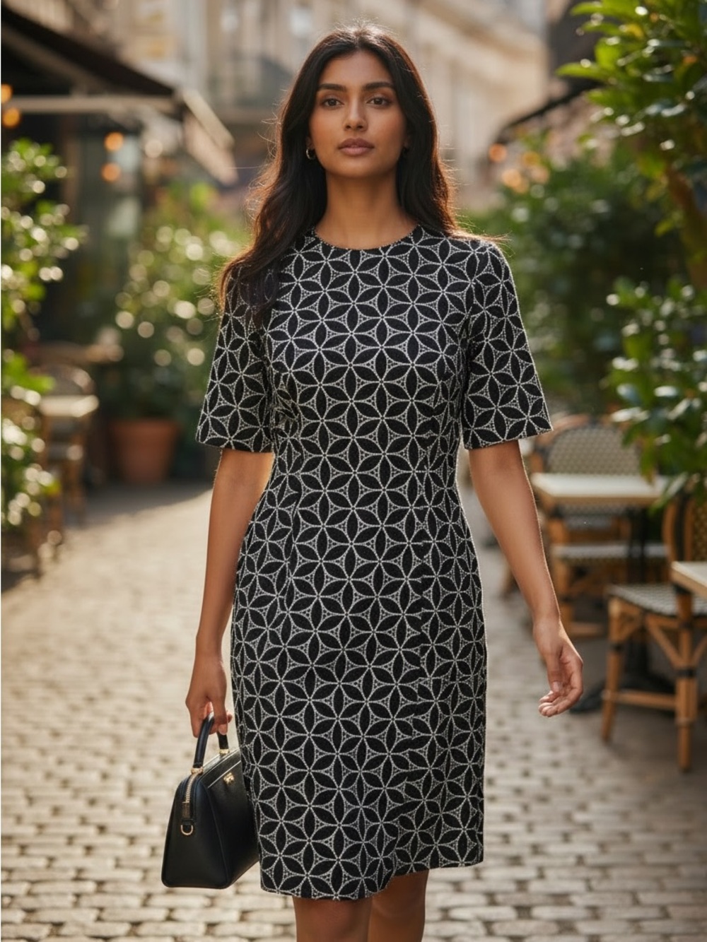 Worth Black & White Short Sleeved Embroidered Sheath Dress